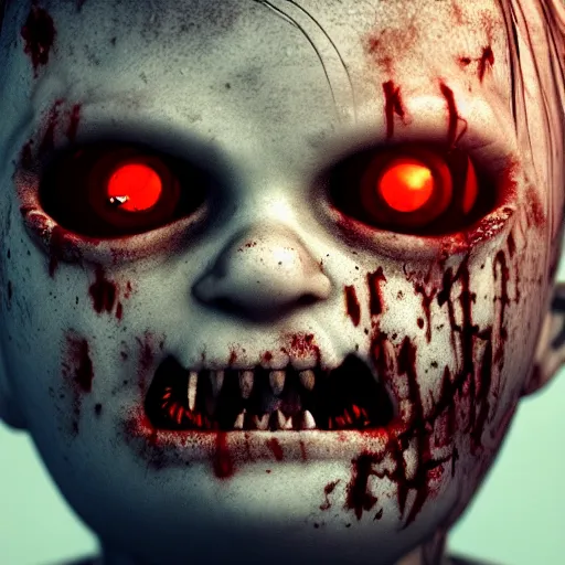 Image similar to angry zombie baby without eyes portrait, empty bloody - black eyesockets, horror core, apocalyptic, feeling of grimdark, sharp focus, fiction, hyper detailed, digital art, trending in artstation, cinematic lighting, studio quality, smooth render, unreal engine 5 rendered, octane rendered, art style and nixeu and wlop and krenz cushart