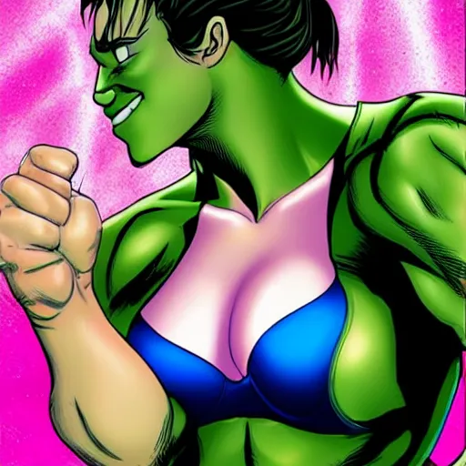 Prompt: emma stone as hulk with xl bra, in bikini full body portrait, 8 k manga,