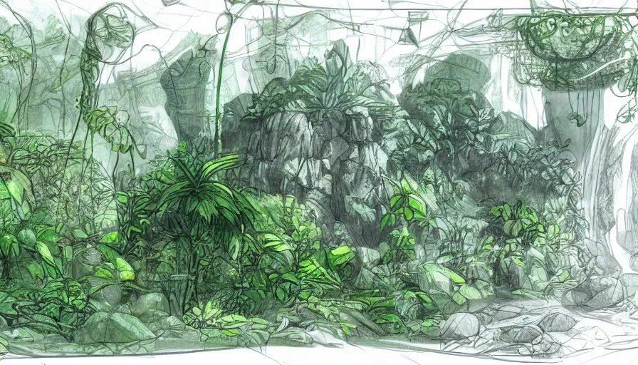 Prompt: concept art sketch of underground jungle cave with luminescent plants