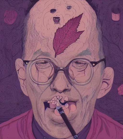 Prompt: portrait, nightmare anomalies, leaves with a cigarette by miyazaki, violet and pink and white palette, illustration, kenneth blom, mental alchemy, james jean, pablo amaringo, naudline pierre, contemporary art, hyper detailed