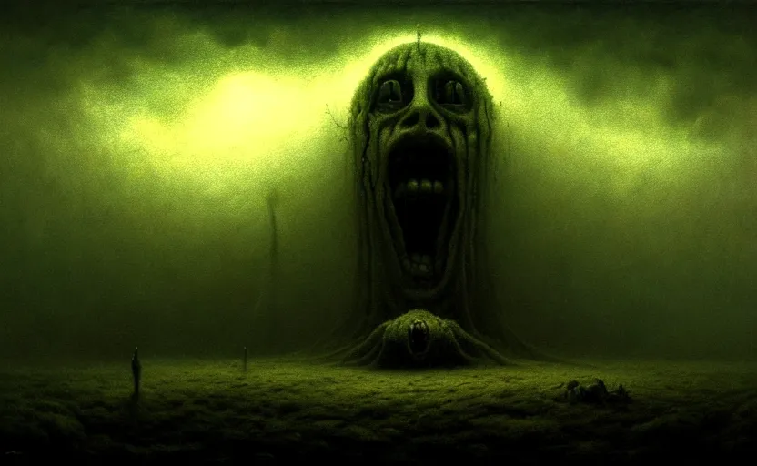 Image similar to an extremely detailed masterpiece of nightmares'and horrors, inspired by zdzislaw beksinski, digital art, moody lighting, apocalyptic, epic scene, extremely moody lighting, glowing light and shadow, 4 k