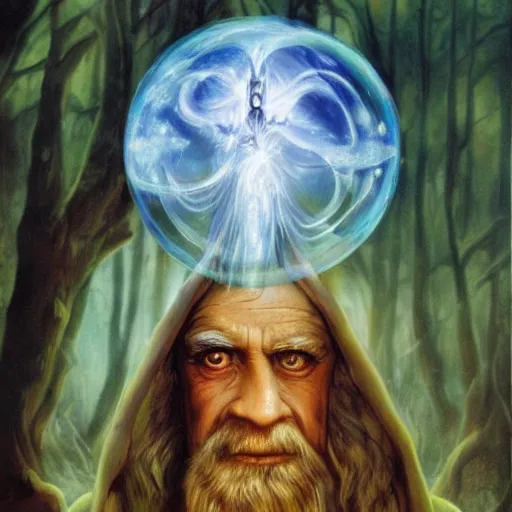 Prompt: an old wizard trapped inside a floating soap bubble among the trees, ethereal, fantasy, style of boris vallejo, dramatic lighting