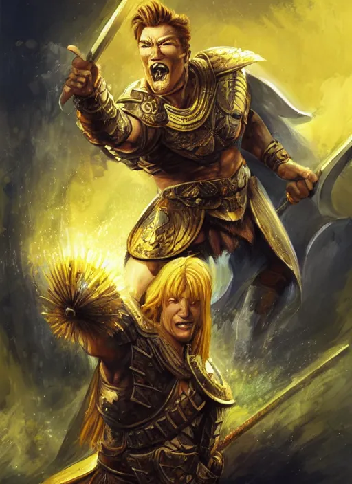 Image similar to detailed illustration of conan o'brien as a dnd paladin with short blond hair and big muscles, yellow hair, casting a protection spell, by raymond swanland