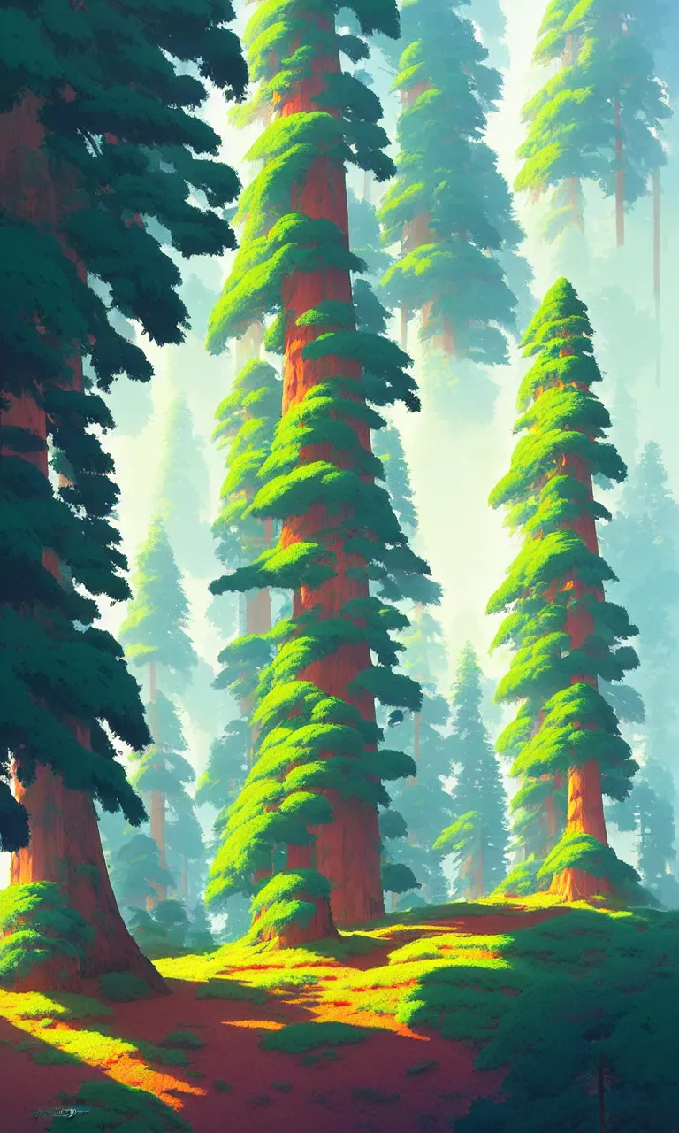 Image similar to Sequoia forest in a colorful moutain with beautiful trees , no people, morning, by studio ghibli painting, superior quality, masterpiece, traditional Japanese colors, by Grzegorz Rutkowski, concept art