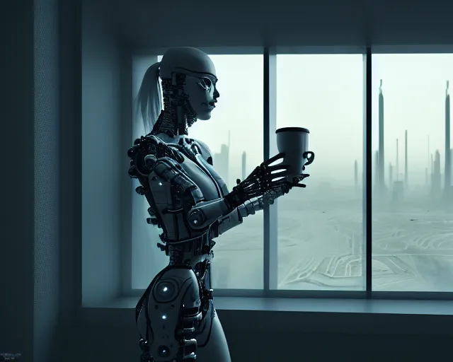 Image similar to portrait of an armored female with biomechanical cybernetic body who is drinking coffee near a window looking outside with dystopian city visible outside. very detailed 8 k. cyberpunk fantasy style. unreal engine render. global illumination. nanite. rtx. path tracing.