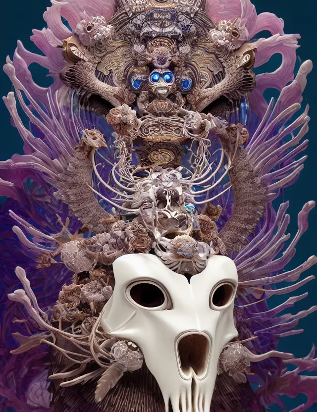 Prompt: 3 d goddess close - up profile solarpunk portrait ram skull. beautiful intricately detailed japanese crow kitsune mask and clasical japanese kimono. betta fish, jellyfish phoenix, bio luminescent, plasma, ice, water, wind, creature, artwork by tooth wu and wlop and beeple and greg rutkowski