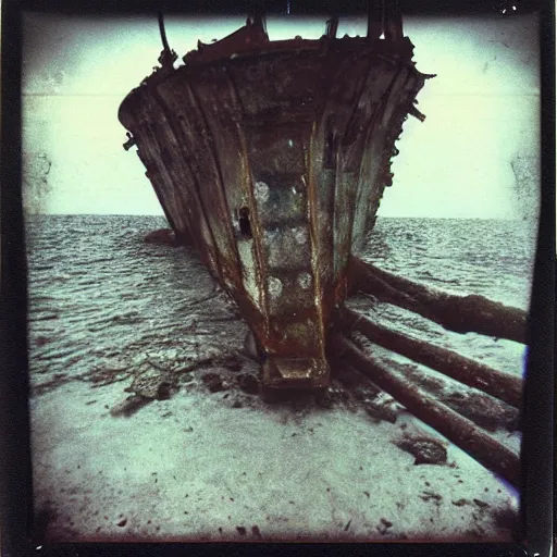 Image similar to towering rusty shipwreck, underwater, murky, megalophobia, old polaroid, expired film,