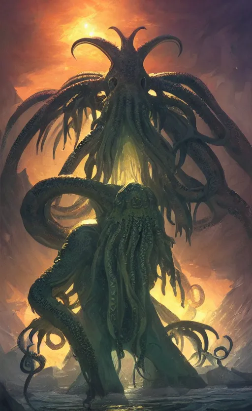 Image similar to a beautiful artwork illustration, cthulhu, high contrast, high saturation, by Greg Rutkowski and Jesper Ejsing and Raymond Swanland, featured on artstation, wide angle, vertical orientation