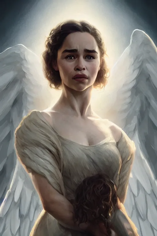 Image similar to Emilia Clarke as an Angel, anatomy, only two hands, highly detailed, digital painting, artstation, concept art, smooth, sharp focus, illustration, Unreal Engine 5, 8K, art by art by artgerm and greg rutkowski and edgar maxence