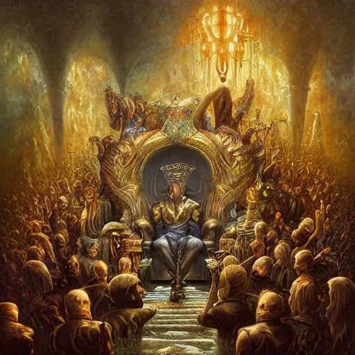 Image similar to a fantasy painting of a crowd around a king sitting on a throne by Tomasz Alen Kopera