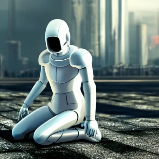 Prompt: a male android, white shiny surface, kneeling down in mourning. cyberpunk city background. studio ghibli.