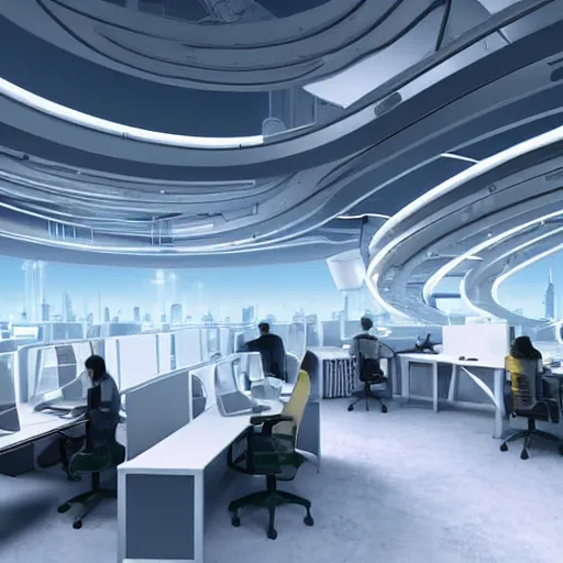 Prompt: futuristic utopian office space, fin - tech company in the future, high detail, fantasy scifi illustration