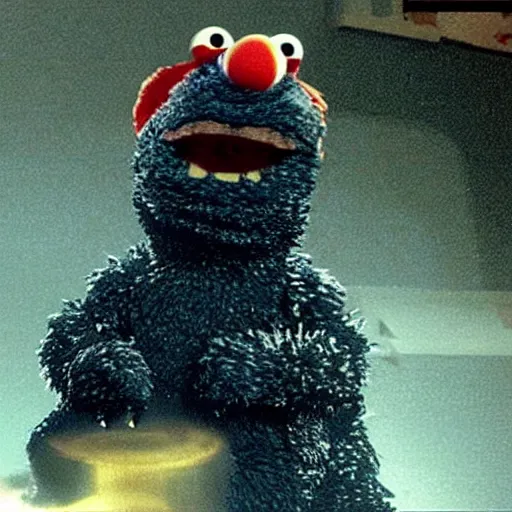 Image similar to godzilla elmo hybrid destroying sesame street