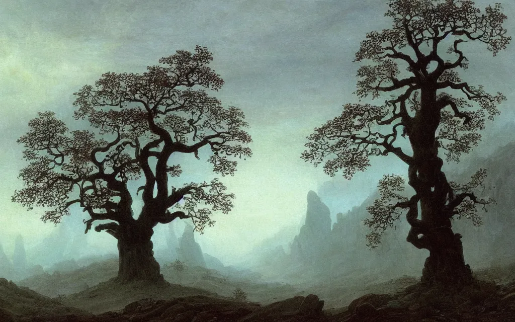 Prompt: valley of berchtesgarden, a gnarly old oak in a shroud of mist and ghosts, by caspar david friedrich