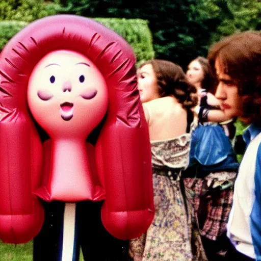 Prompt: live-action film a teenage girl with an inflatable cartoon head at the prom, and other students are laughing at her on the dancefloor, john waters film, 1974, technicolor