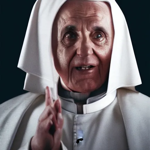 Image similar to pope benedict wearing sith cloak as chancelor palpatine in star wars episode 3, 8 k resolution, cinematic lighting, anatomically correct