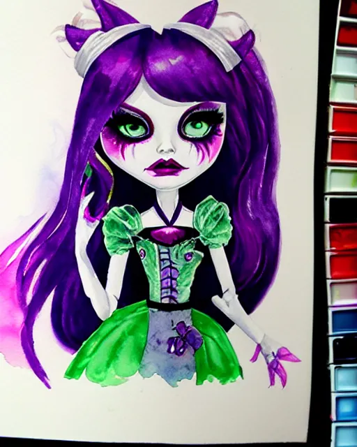 Image similar to watercolor portrait of monster high draculaura doll, by sabrina eras, alice x. zhang, blanca alvarez, liu yi, watercolor