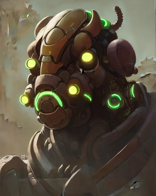 Prompt: orisa from overwatch with female face, portrait, close up, concept art, intricate details, highly detailed by greg rutkowski, michael whelan and gustave dore