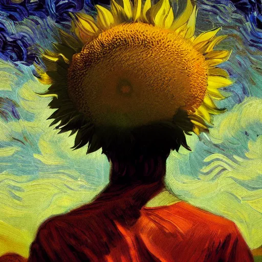 Image similar to closeup, giant sunflower head, woman standing in a room, surreal, dramatic light, impressionist painting, digital painting, artstation, van gogh