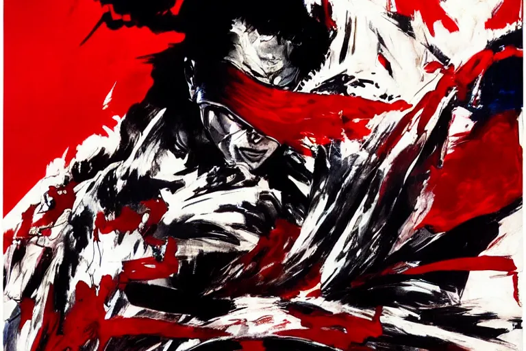 Image similar to movie screenshot of akira ( 1 9 8 8 ) tetsuo in a white superhero suit / mask and red cape, by ashley wood, yoji shinkawa, 6 0's french movie poster, french impressionism, palette knife and wide brush strokes, black and white only