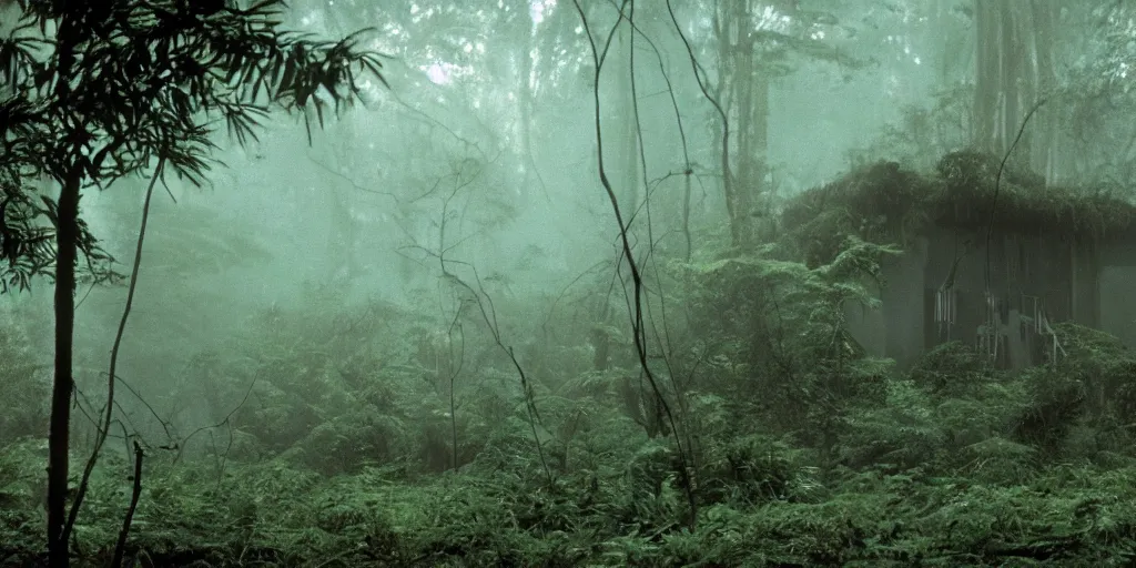 Image similar to film still of a dark research outpost in a moist foggy jungle, science fiction, ridley scott, lights through fog, futuristic outpost building, wet lush jungle landscape, dark sci - fi, 1 9 8 0 s, ridley scott