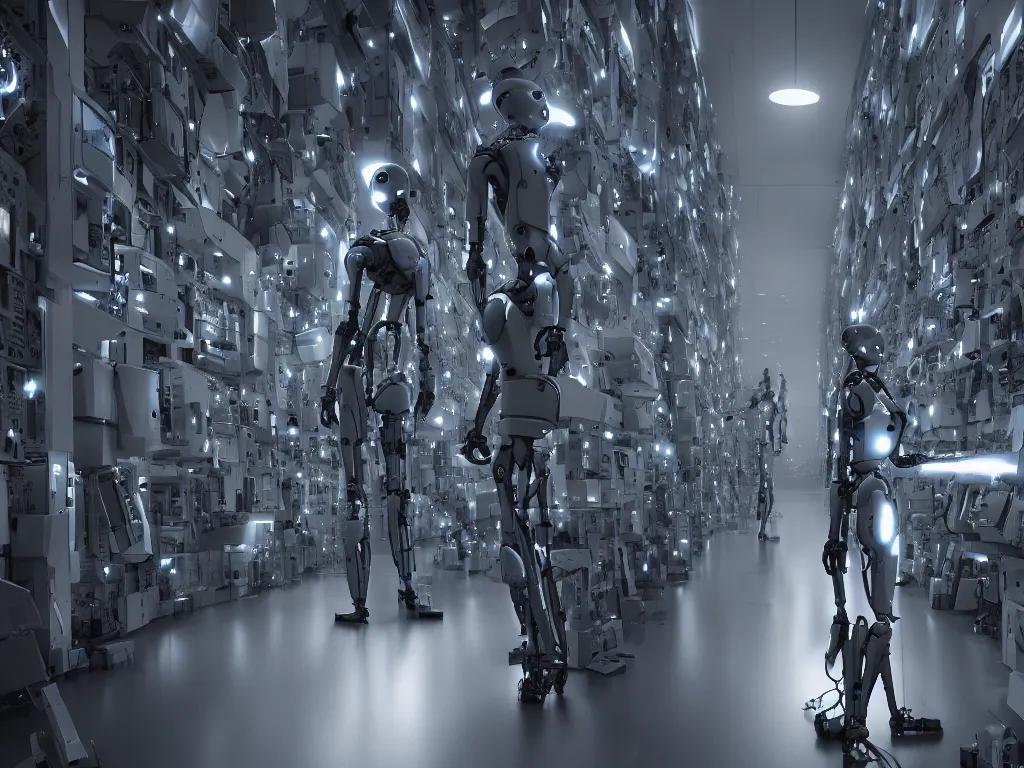 Prompt: a tall female robot guarding a wall of computers, confident, moody, dramatic, introspective, 8 k, octane render, photorealistic, hyper detailed, perfect lighting