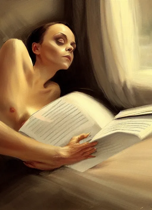 Image similar to christina ricci anlying in bed reading, backround dark, highly detailed, digital illustration, trending in artstation, modern painting, smooth, sharp focus, intricate, einar jonsson, ilya repin