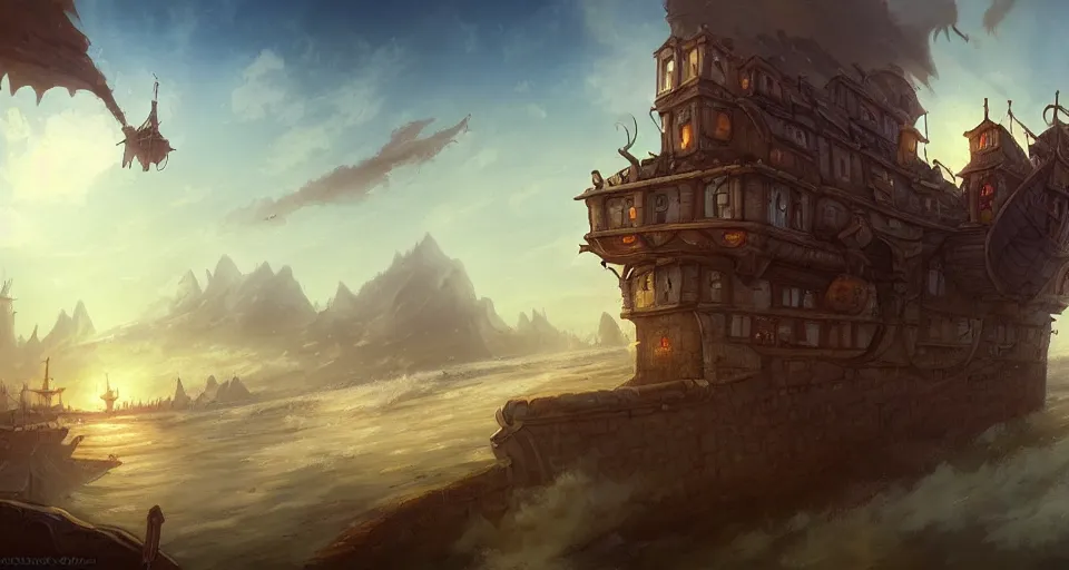 Image similar to low fantasy, landscape an floating town in the sky and an sky - ship flying towards it andreas rocha