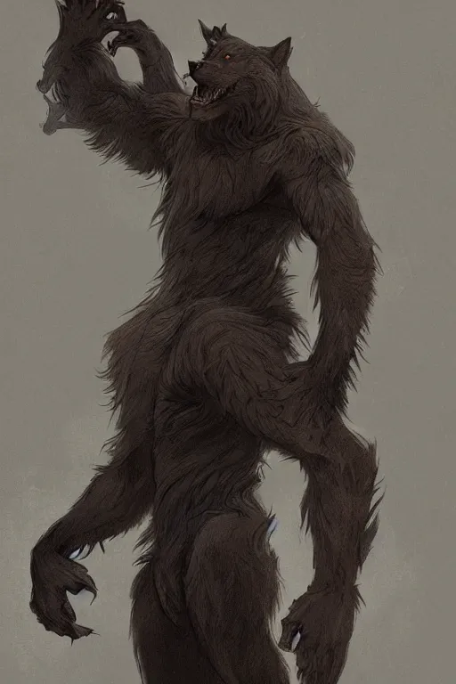 Image similar to fullbody portrait of a male werewolf, bared teeth, long claws, dark forest at night, by greg rutkowski and alphonse mucha, gradient brown to silver, highly detailed, digital painting, artstation, concept art, smooth, sharp focus illustration