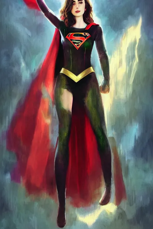 Prompt: Portrait of Lily Collins as Supergirl , ancient biblical, pale, slim, shapely, young queen jezebel, wearing gilded red robes, long black hair, green eyes, intricate, elegant, highly detailed, digital painting, artstation, concept art, smooth, sharp focus, illustration, art by artgerm and Ruan Jia and Rembrandt and greg rutkowski and alphonse mucha and andrei riabovitchev