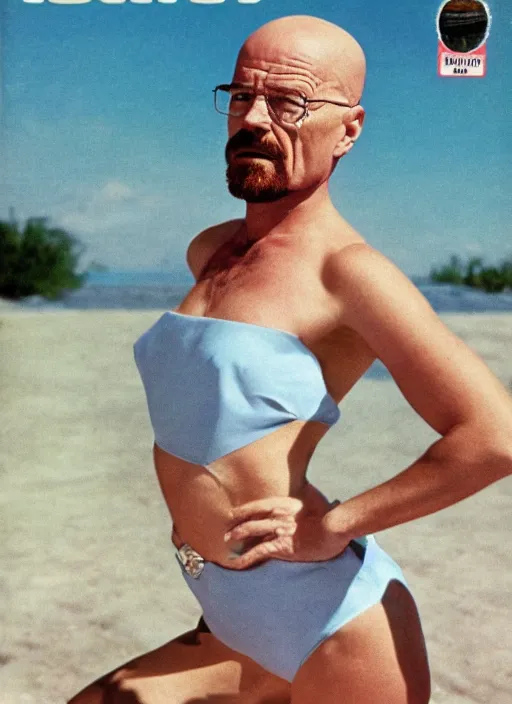 Prompt: walter white on the cover of swimsuit illustrated 1 9 6 0