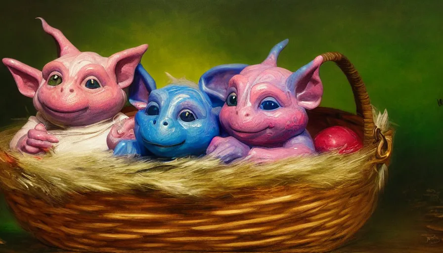 Image similar to highly detailed painting of boglins cuddling up in a basket by william turner, thick brush strokes and visible paint layers, 4 k resolution