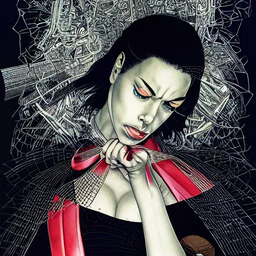 Image similar to portrait of beautiful crying cyborg scarlett johansson, big ribbon, symmetrical, by yoichi hatakenaka, masamune shirow, josan gonzales and dan mumford, ayami kojima, takato yamamoto, barclay shaw, karol bak, yukito kishiro, hajime soriyama