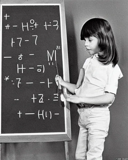 Prompt: a tall kitten standing in from of a blackboard writing math formulae, realistic photo, 1970s