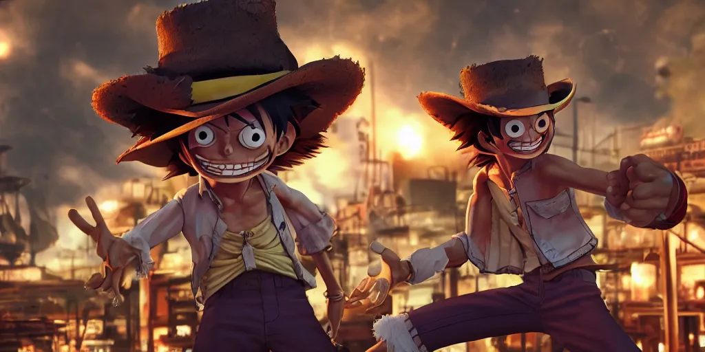 Image similar to monkey d luffy fighting aliens in a steampunk city, night, realism, 4 k, octane render, award winning photograph, epic cinematic shot, perfectly defined features, ambient occlusion