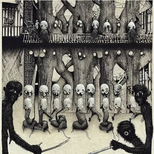 Prompt: clever monkeys with very long knives, very detailed, and colorful by Santiago Caruso, by M.C. Escher, by Edward Gorey, beautiful, eerie, surreal, psychedelic