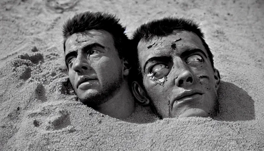 Prompt: 1 9 6 0 s movie still close up of marcus atilius regulus'face with the eyes wide open and ripped off eyelid, his body buried in the sand, cinestill 8 0 0 t 3 5 mm b & w, high quality, heavy grain, high detail, texture, dramatic light, anamorphic, hyperrealistic, detailed hair