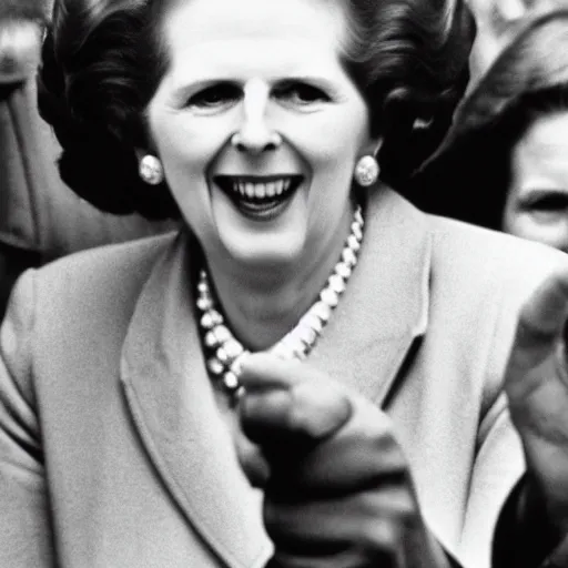 Image similar to margaret thatcher pointing and laughing at coal miners