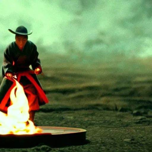 Image similar to cinematic film still Pharrell Williams starring as a Samurai holding fire, Japanese CGI, VFX, 2003, 40mm lens, shallow depth of field,film photography