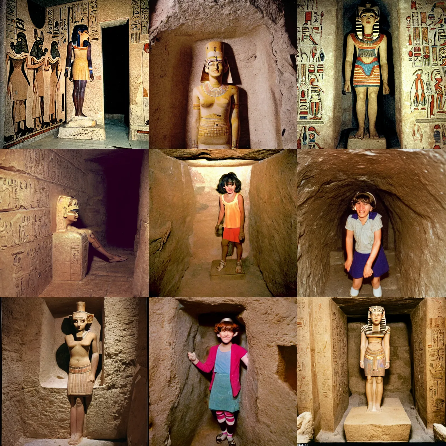 Prompt: photograph of an ancient egyptian statue of junie b jones inside an ancient tomb, kodachrome