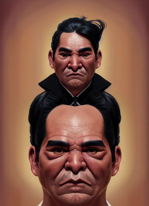 Prompt: portrait of a wide faced peruvian man with a crooked nose and a confident expression, 1 9 6 0 s, black clothes, goth, punk, brightly coloured hair, funk, intricate, elegant, highly detailed, digital painting, artstation, concept art, smooth, sharp focus, illustration, art by wlop, mars ravelo and greg rutkowski