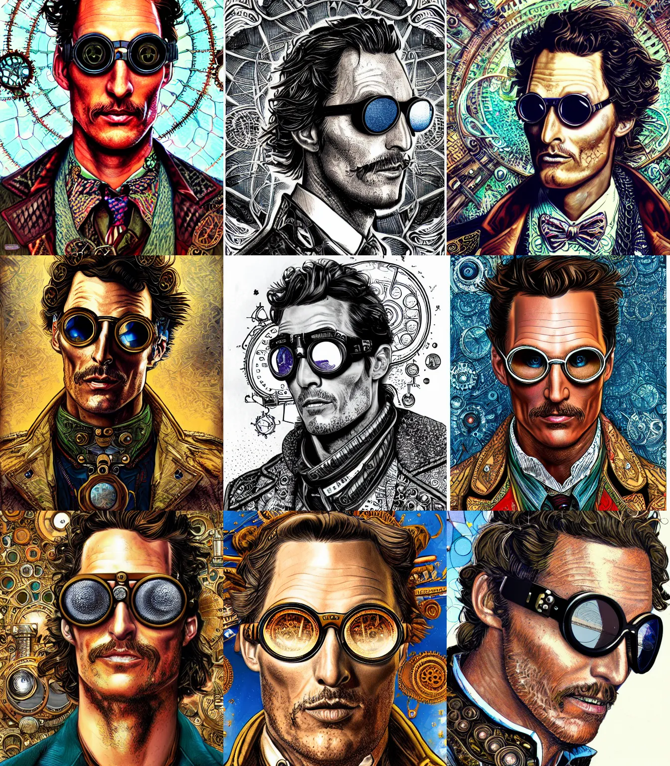 Prompt: hyper detailed comic illustration of a steampunk matthew mcconaughey wearing goggles and an intricate Victorian jacket, markings on his face, by Android Jones intricate details, vibrant, solid background, low angle fish eye lens