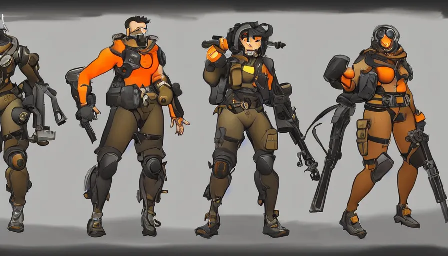 Image similar to Concept art for new overwatch character: Sabotuer, French Special Ops, Skinny, Spy, Uses C4, Roguish, and Hand Grenades, Anti-tank Rifle, Dark Humor, Male, Rugged, Dagger, Contra, Fast, Black and Orange