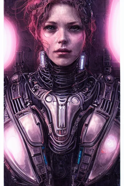 Image similar to portrait of a girl with a biomechanic armor and neon light by Ian Miller, dramatic lighting, highly detailed, trending on artstation