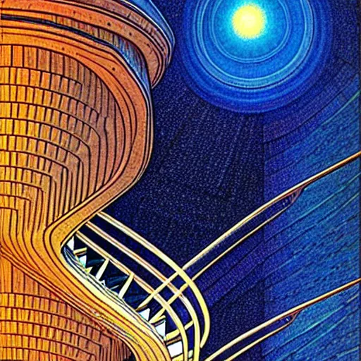 Prompt: big spiral stairways, inhabited on many levels, there are many doors, flying birds, by jean giraud, shining light, strong perspective, clear geometry, architecture, Award winning. Masterpiece, detailed illustration