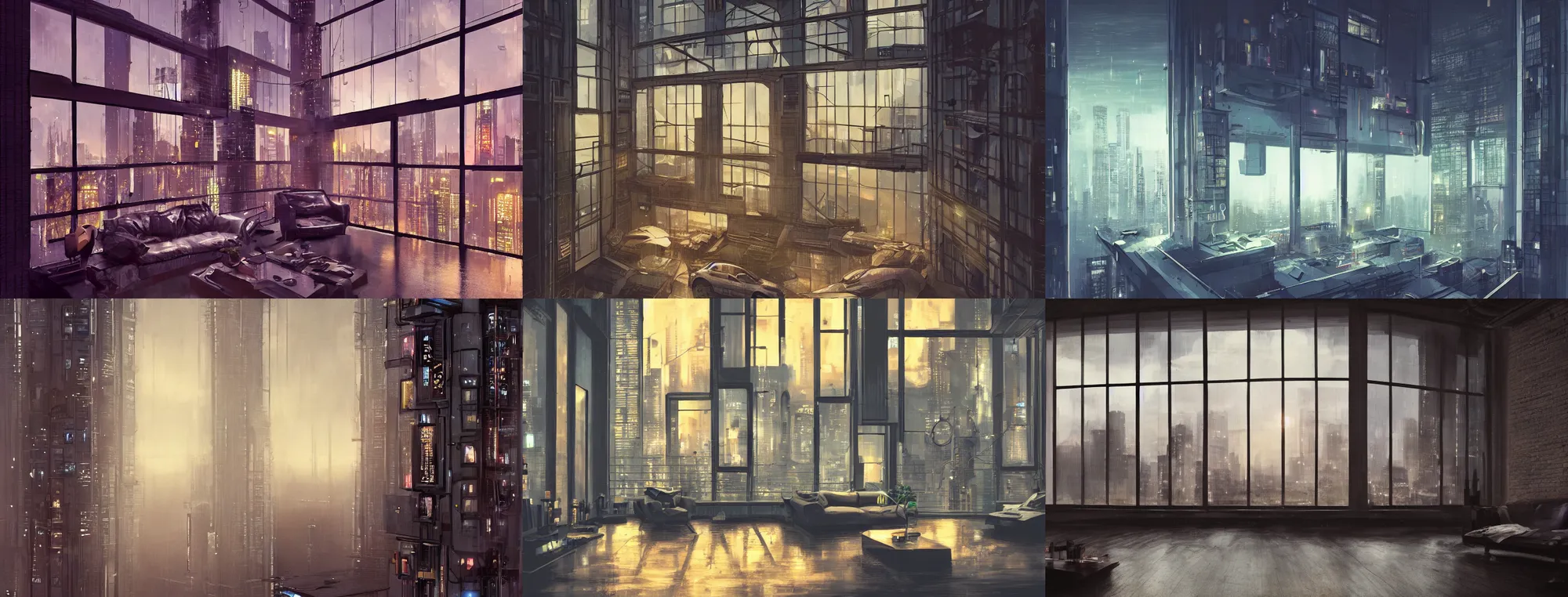 Prompt: picture of a loft in evening, science - fiction, cyberpunk city, rainy day outside, luxury, interior design, tall windows, concept art, art station