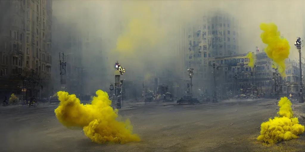 Image similar to kiev city streets covered in yellow and blue smoke, by jeremy mann, by kim keever