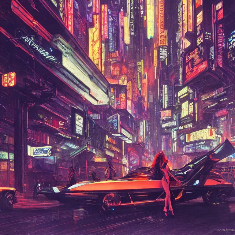 Prompt: scene of city night life with people dressed in futuristic clothes, cyberpunk designs, futuristic vehicles, automations, and faint glows of vivid color, cinematic, highly detailed, intricate, hd quality, realism, from blade runner concept art, renaissance painting, by syd mead and edward hopper