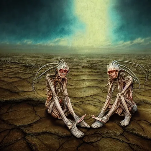 Image similar to conjoined demon twins sitting legs crossed in a desert hellscape covered in gore by Yoshitaka Amano, by HR Giger, biomechanical, 4k, hyper detailed, hyperrealism, anime, a Broken World demons flying overhead, red sky, blood and body parts, deviantart, artstation