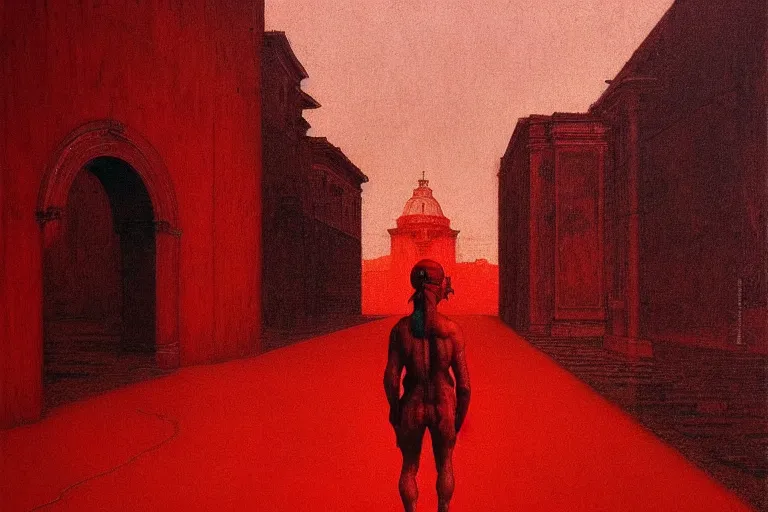 Image similar to only with red, caesar after war, a red tiger, in hoc signo vinces, rome in background, an ancient path, in the style of beksinski, part by hopper, part by rodcenko, part by hofbauer, intricate composition, red by caravaggio, insanely quality, highly detailed, masterpiece, red light, artstation